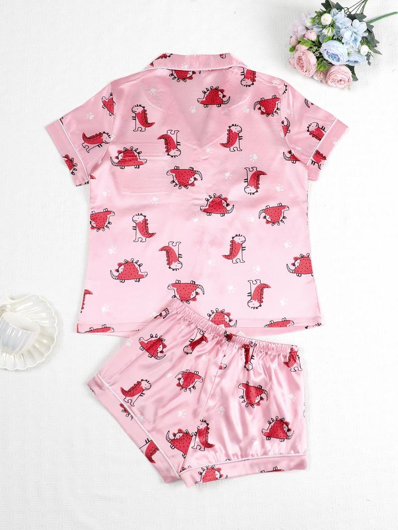Product Introduction of Two-piece Set Women's Cartoon Dinosaur Print Top & Shorts Satin Pyjama Set, Cute Comfy Pocket Short Sleeve Top & Shorts Pj Set, Ladies Summer Sleepwear, Pajamas 4