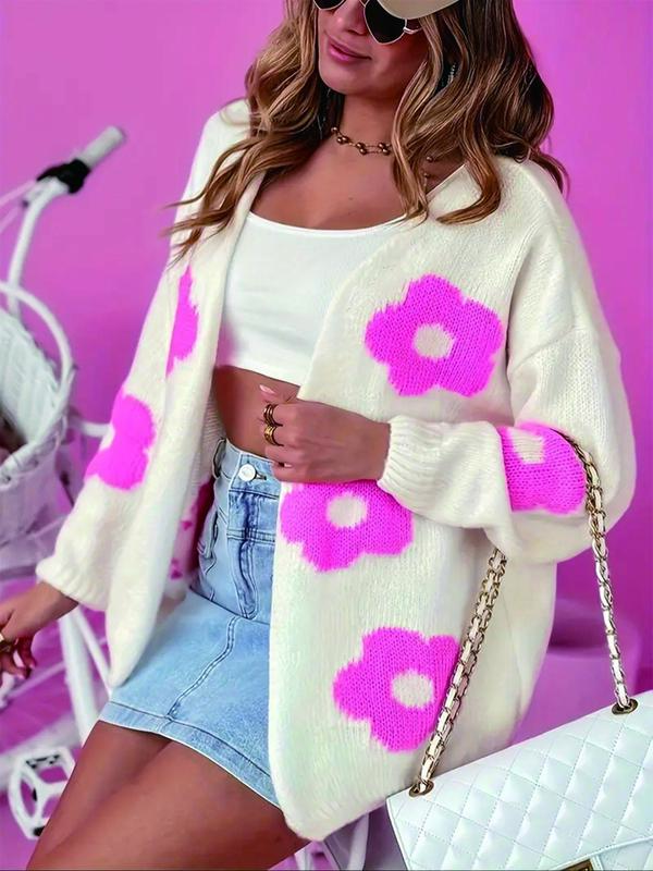 【Plus Size】 Floral Print Cardigan Sweater, Casual Longsleeves Open Front Crochet Top Knitwear for Fall & Winter, Cardigan for Women, Women's Plus Clothing for Everyday Daily Wear, Womenswear, Lady Knitting Casual Classy Top 1