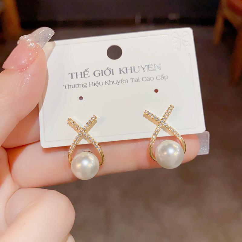 Bông Tai Ngọc Trai Chữ X Thiết Kế Sang Trọng Trẻ Trung Phụ Kiện Trang Sức Thế Giới Khuyên Mạ Vàng 18K