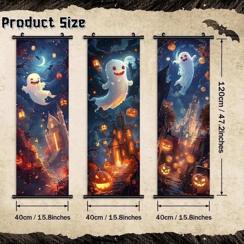 Halloween Hanging Banner, 3 Counts/set Cartoon Ghost Pattern Wall Art with Gift Box, Cute & Funny Ghost Poster, Halloween Decoration, Halloween Gift 1
