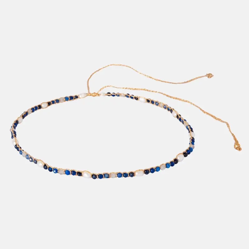 Sky Choker Tali Warna Gold | Kombinasi gemstones lapis lazuli, blue sandstone, labradorite dan blue spinel dan pearl 0