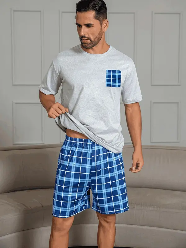 Men's Plaid Print Pocket Tee & Shorts Pajama Set, Casual Comfy Short Sleeve T-shirt & Shorts, Men's Sleepwear for Summer 4