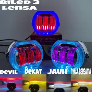 Lampu Utama LED Projector Biled 3 Lensa 8D Projie Biled 3 INCH Plus Ring Shroud Dan Devil Eye High Low Kuning Putih