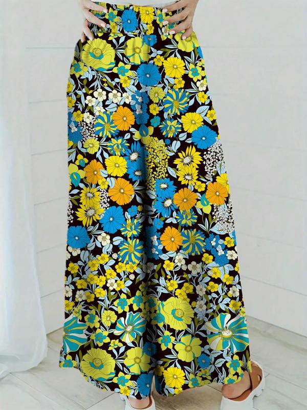Plus Size Floral Print Shirred Wide Leg Pants, Boho Casual High Waist Trousers for Daily Holiday Vacation Wear, Women's Plus Size Bottoms for Summer 7