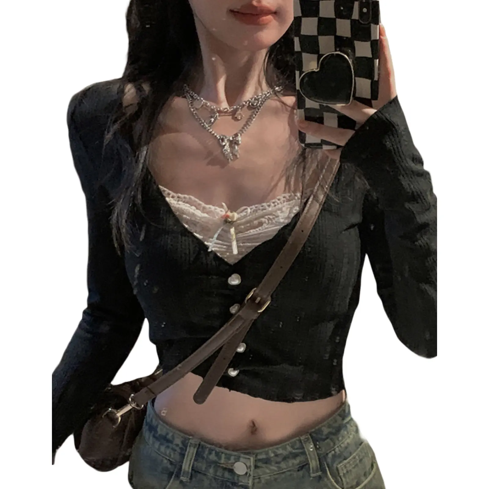Korean Fashion Crop Top y2k Aesthetic Sweet Lace Patchwork Long Sleeve T Shirt with Bow Fake Two-Piece Women Clothes Streetwear
