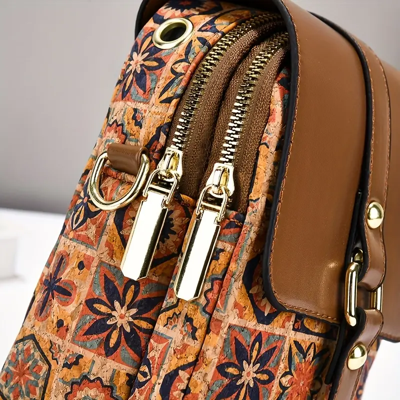 Women'S Stylish Geometric Print Shoulder Bag - Brown with Vibrant Floral & Star Design, Zipper Closure, Lightweight, Large Capacity, Perfect for Casual & Formal Occasions, Casual Shoulder Bag | Vibrant Print Bag | Durable Zipper Closure, La 6