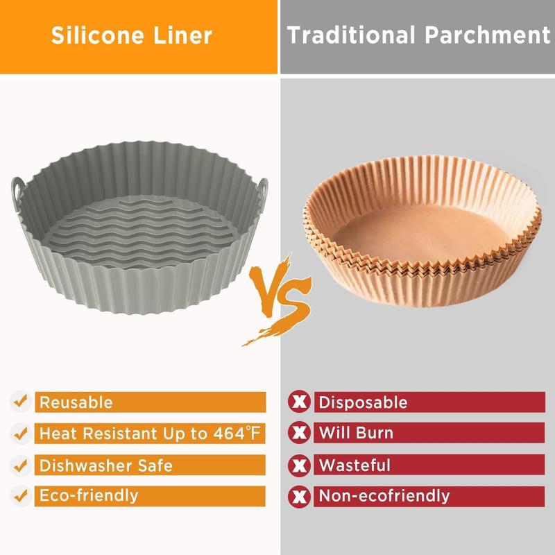 Product Introduction of Silicone Air Fryer Liner, 2 Counts Reusable Heat Resistant Air Fryer Silicone Basket, Round Air Fryer Liner for Home Kitchen Baking House 2