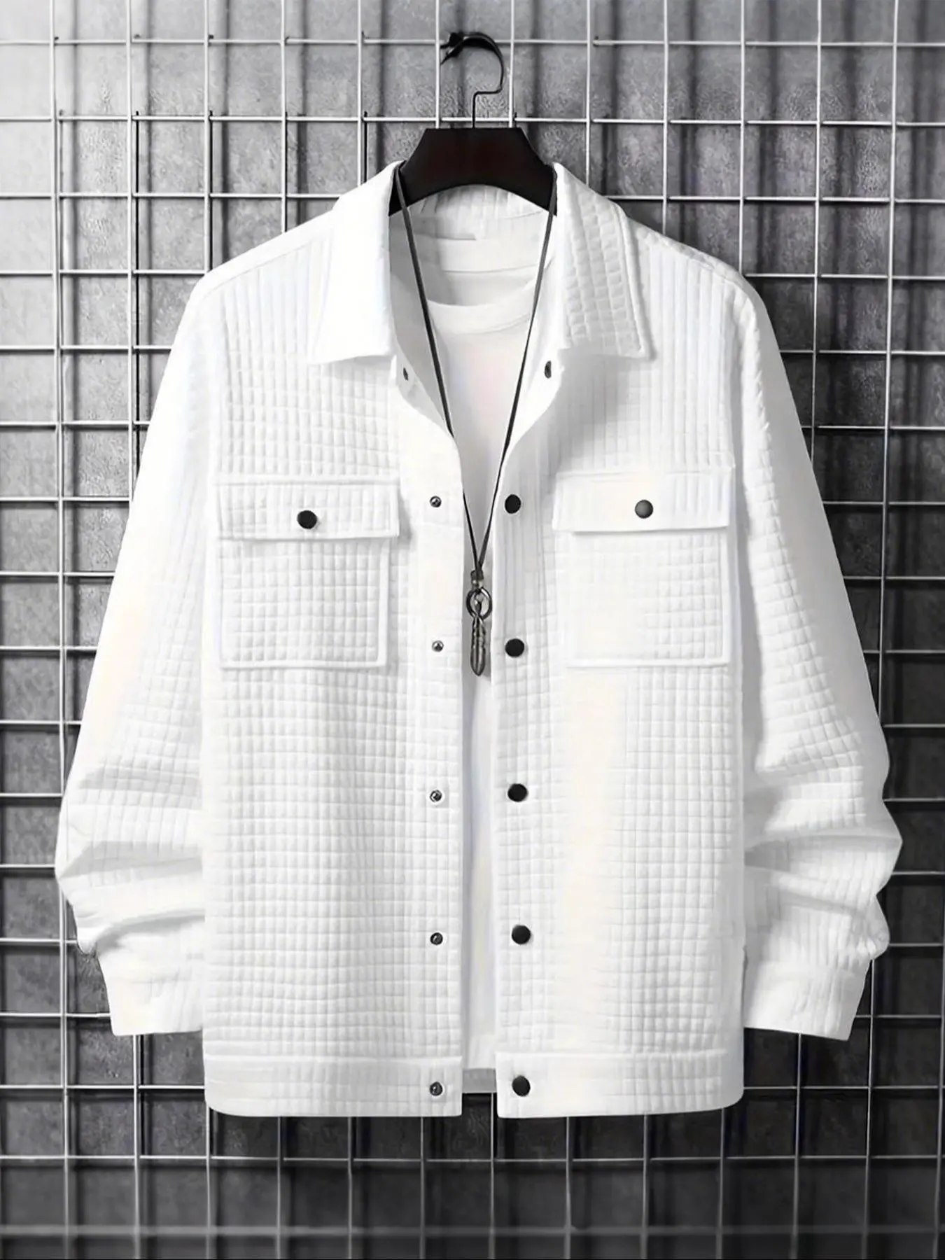 Men's Solid Button Front Pocket Waffle Shirt, Regular Fit Casual Long Sleeve Collared Top for Fall & Winter, Men's Clothes for Daily Wear