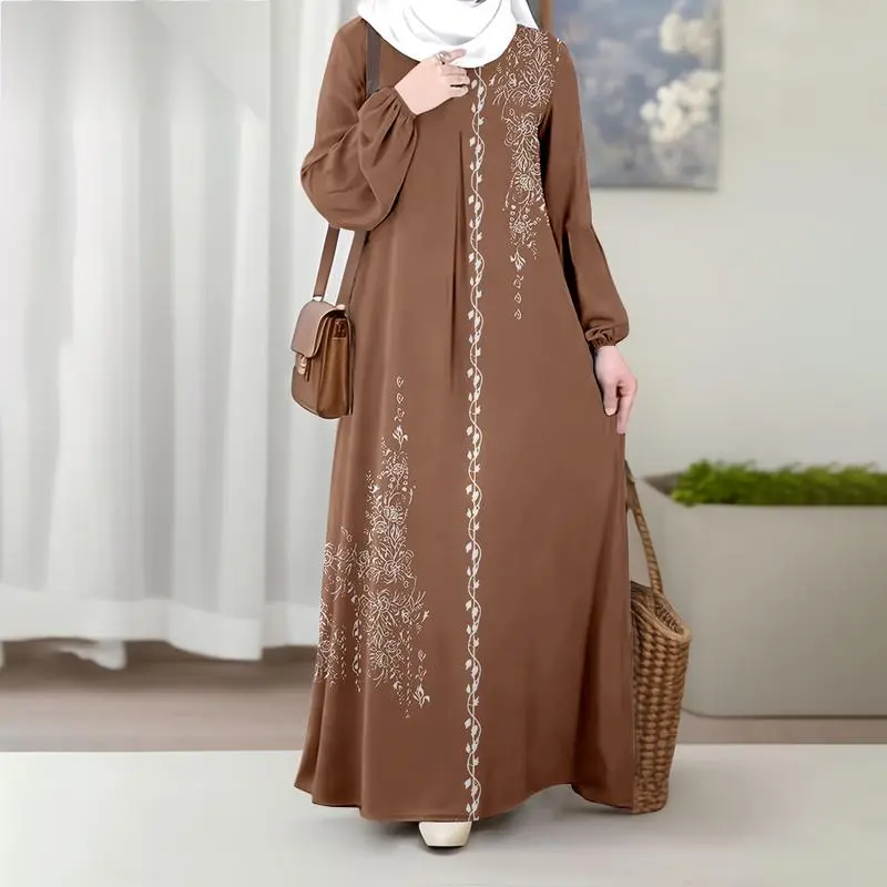 Muslim dress, simple print, long sleeve, for women, comfortable round neck,  Islamic abaya, suitable for Islamic Ramadan ceremony, evening gown for  women, made of comfortable polyester fabric. Dress ironless mom dress  graduation -