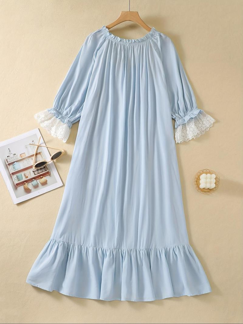 Product Introduction of Women's Contrast Lace Frill Ruffle Hem Tie Neck Nightdress, Casual Soft Comfortable Colorblock Flounce Sleeve Nightgown for Summer, Fashion Ladies' Sleepwear for Daily Wear 2