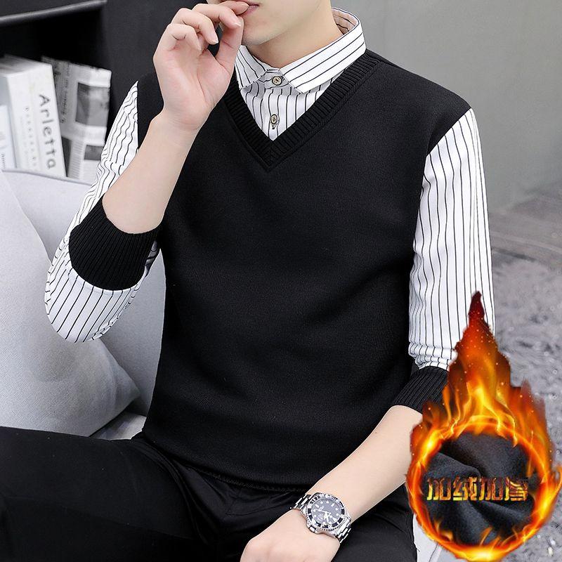 Not Fleece-lined/Fleece-lined Autumn and Winter Men's Youth Top Sweater Warm Thickened Sweater Fake Two Pieces Shirts Men 0