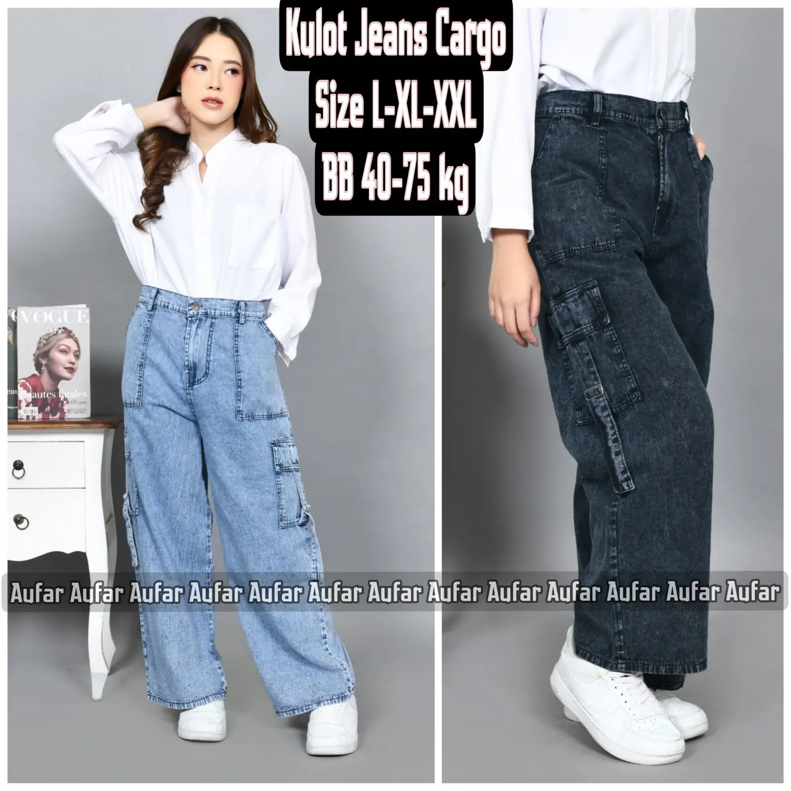 kulot cargo jeans highwaist wanita dewasa size L XL XXL muat BB 40-75