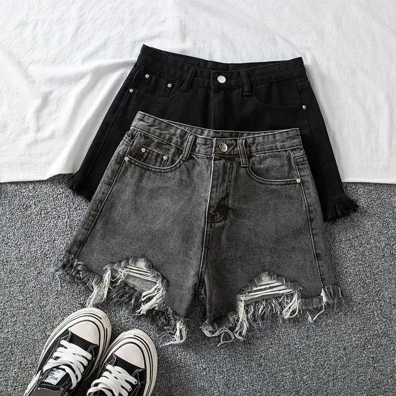 Quần Short Denim Màu Xám, Fanzi, Dành Cho Nữ, Hàng Mới Về Mùa Hè, Cạp Cao, Phong Cách Sờn, Dáng Rộng Rãi Và Bó Sát, Thích Hợp Cho Học Sinh, Quần Nóng Bỏng, Thiết Kế Rách, Quần Ins