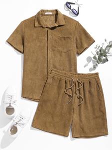 ZAFUL Men's Solid Color Button Up Corduroy Short Sleeves Shirt And Pockets Drawstring Casual Shorts Set - Coffee