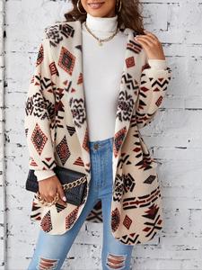 Women's Vintage Tribal Print Pocket Hooded Fuzzy Coat, Casual Long Sleeve Outerwear For Fall & Winter, Women's Clothes For Daily Wear