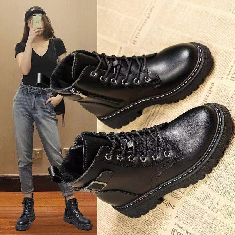 Bốt Martin, Phong Cách Anh Quốc Màu Đen, Dành Cho Nữ, Lót Lông Cừu, Bốt Ngắn Nhỏ Đế Dày, Bốt Đi Làm Cổ Điển, Thích Hợp Cho Mùa Thu Và Mùa Đông, Hàng Mới Về 2024 GiàY Boot Shoes Cổ Cao 0