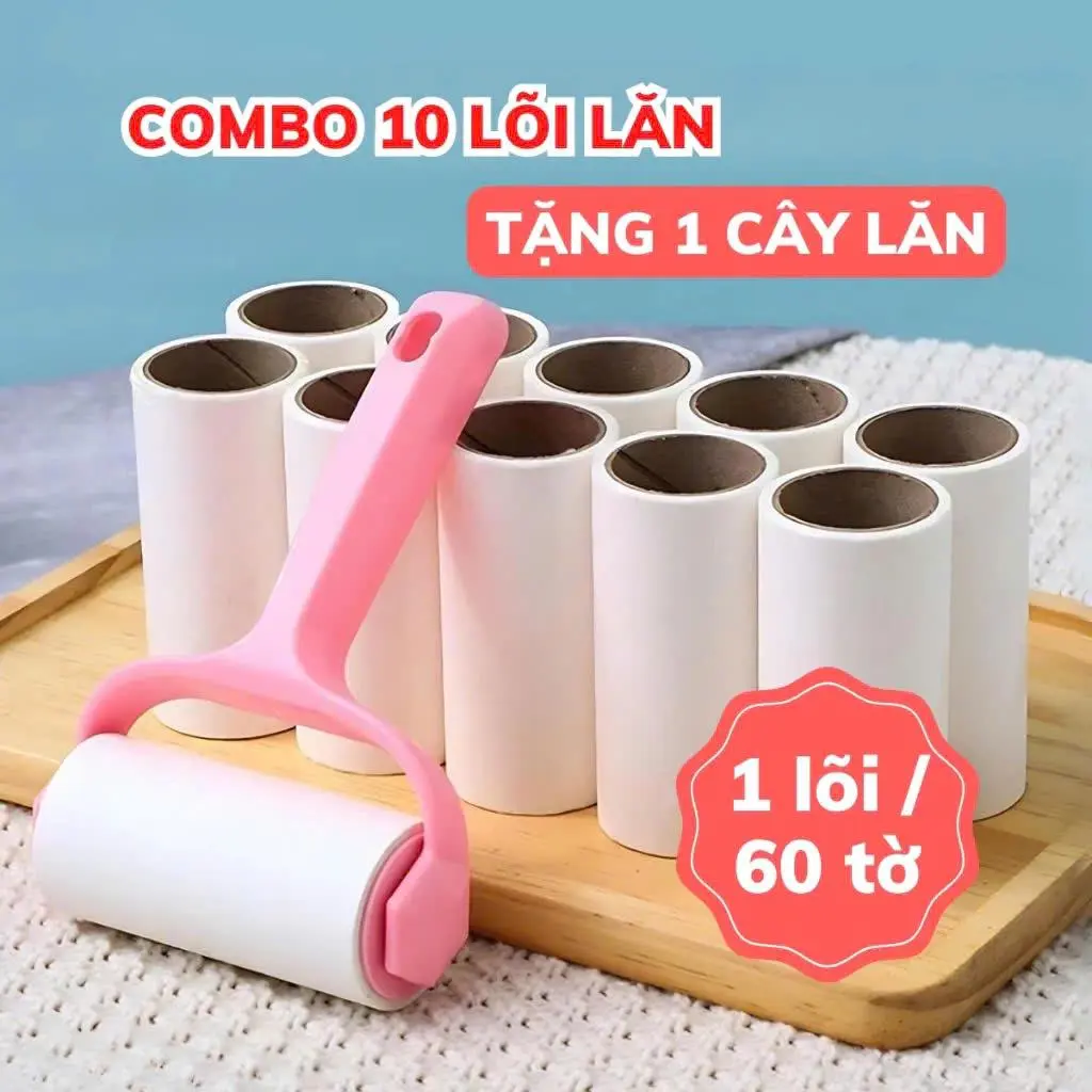 COMBO 10 Lõi + 1 Cây Lăn Bụi Quần Áo , Ga Giường, Sofa, Lăn Lông Chó Mèo Loại 10cm
