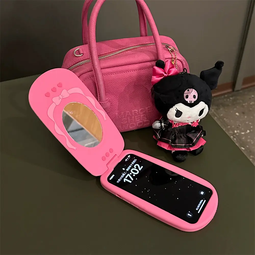 NEW style Korean Cute 3D Pink Bow telephone Model Flip Mirror girl gift Silicone Case For iPhone 11 12 13 14 15 Pro Max protection Cover