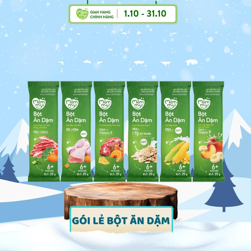Gói lẻ bột ăn dặm Mămmy vị: yến mạch, trái cây, bắp non, thịt bò, sườn heo, gà hầm giàu vitamin, bổ sung chất xơ cho bé