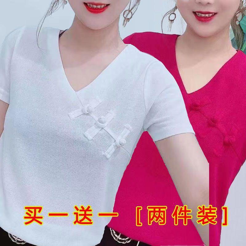 Product Introduction of Áo Thun ngắn Tay Dành Cho Nữ, Dáng Rộng Vừa Vặn, Phong Cách Trung Quốc Cổ Điển, Tay Lửng Cổ Chữ V Có Cúc, Áo Ngoại Cỡ Mùa Hè 2025 Hàng Mới Về 18