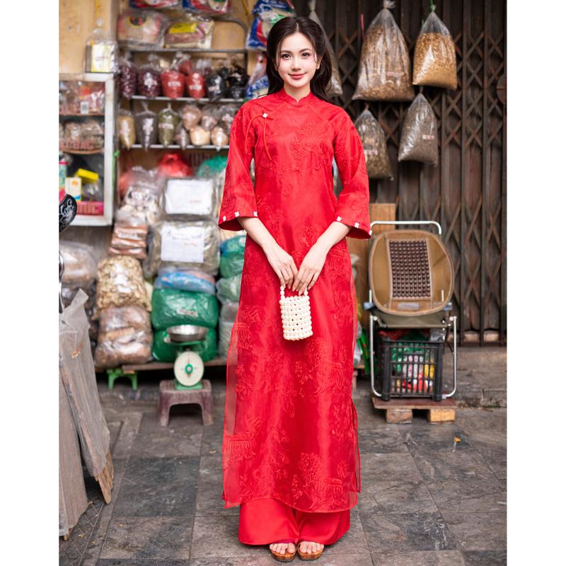 [Áo dài Phạm Hương] Áo dài Kì Lân - Lân Sư chất liệu tơ organza thêu nổi, áo dài cách tân dáng suông họa tiết lân sư cổ trụ 2p tay xòe