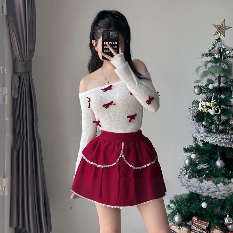Set Áo Lông Xinh Xắn Cho Nữ, Set Áo Trễ Vai Đính Nơ Chân Váy Xòe Ren Dễ Thương, Áo Lông Nơ Tay Dài Váy Tầng Ren(có ảnh thật) Women Nhung Viền Ren Top