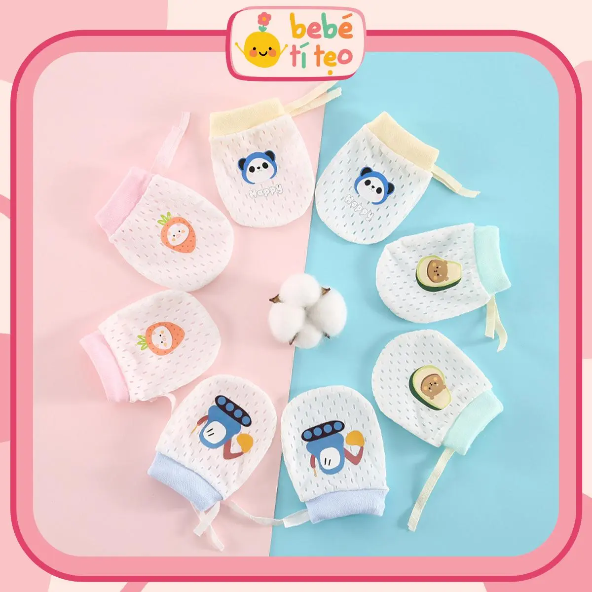 Bao Tay Chống Trầy Xước Cho Bé, Bao Tay Lưới Chất Liệu Lưới Thoáng Khí In Hình Dễ Thương Có Dây Rút BAO05 Bebé Tí Tẹo