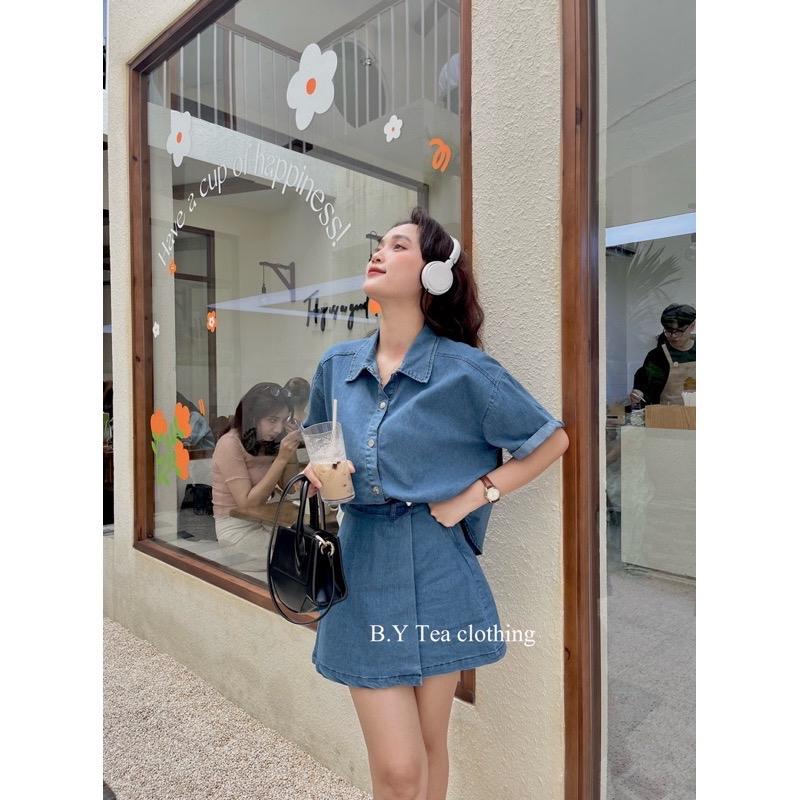 B.Y Tea - Jean Nữ Áo Sơ Mi Tay Ngắn Đuôi Tôm Cúc Bấm Mix Chân Váy Vạt Chéo Thời Trang