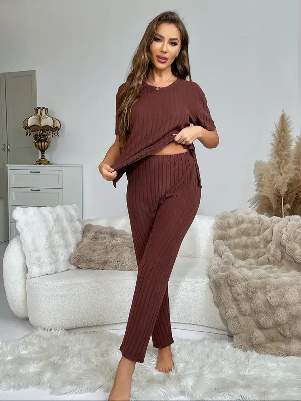 Women's Solid Ribbed Drop Shoulder Tee & Pants Pyjama Two-piece Set, Casual Comfy Split Hem Short Sleeve Top & Trousers Pj Set, Ladies Sleepwear for All Seasons 2