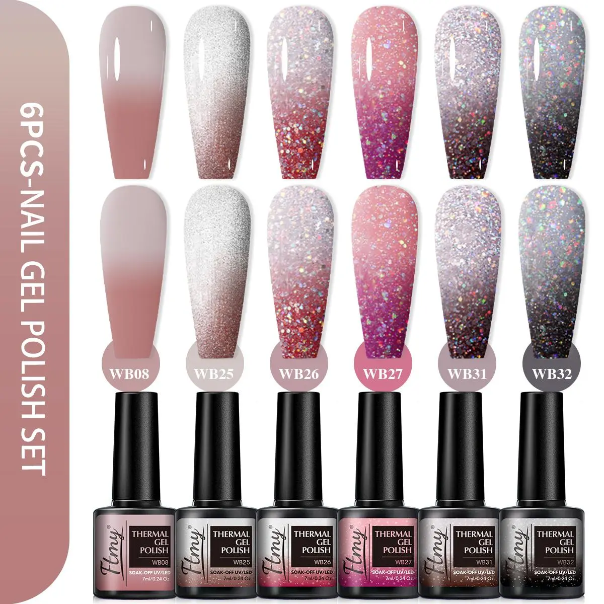 Temperature Variation Gel Nail Polish Set, 6 Color Glitter Nail Polish Art, Soak UV/LED Nail Art Gift Set, Long-wearing, Salon-grade Nails