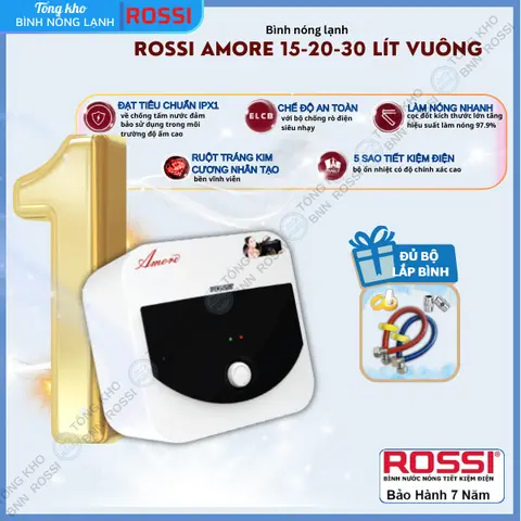 Bình nước nóng gián tiếp Rossi Amore 15/20/30 Lít Vuông -RAM15/20/30SQ chính hãng Tân Á Đại Thành