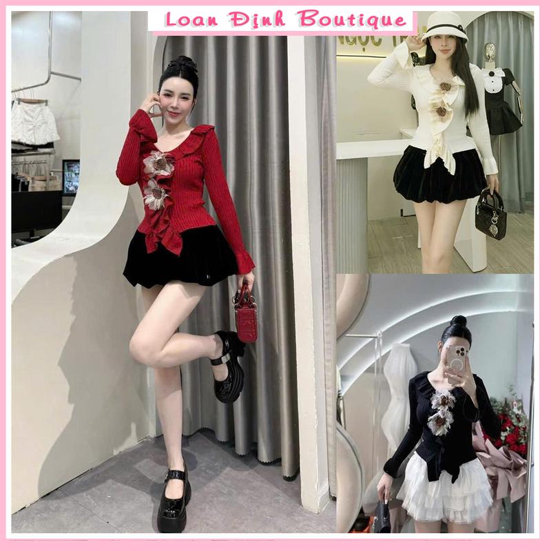 Áo Len Bèo Trước Đính 2 Bông Hoa Dễ Thương Tay Loe Thiết Kế Cổ Tròn  Dáng Thướt Tha Sang Trọng By Loan Định Botique LD072 Nữ Women