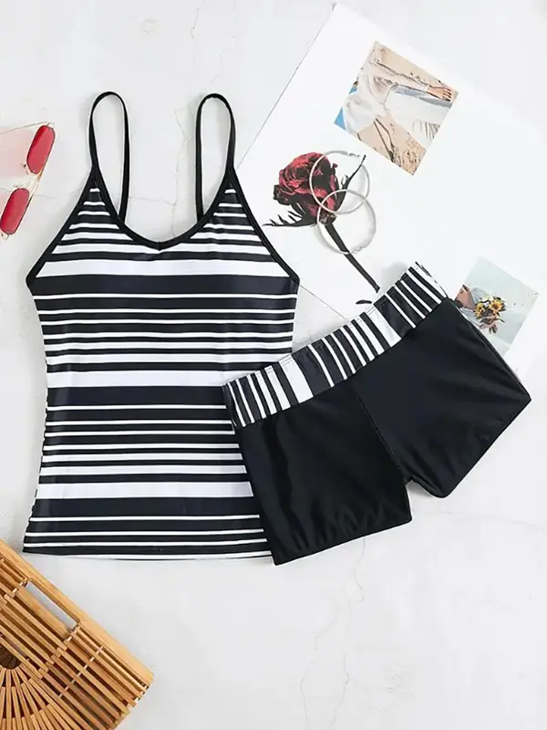 Women's Striped Print Camisole & High Waist Shorts Tankini Set, Adjustable Strap Swim Top & Skinny Bottom, Women's Swimwear For Summer Beach Holiday 2