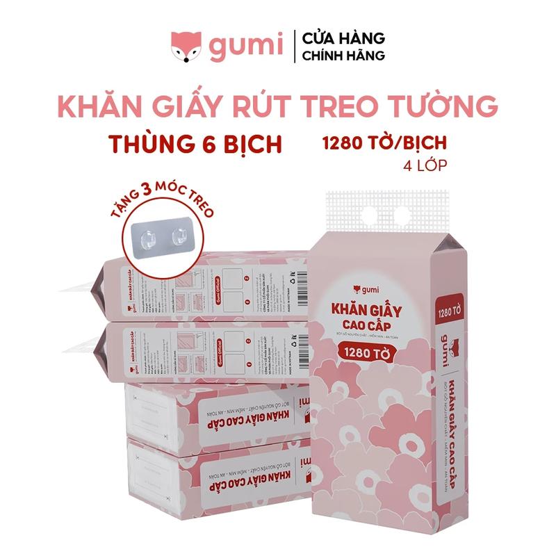 Thùng 3 4 6 bịch Khăn giấy Gumi treo tường tiện lợi, an toàn Giấy ăn Gumi (Tặng kèm 3 móc treo tường) giấy vệ sinh
