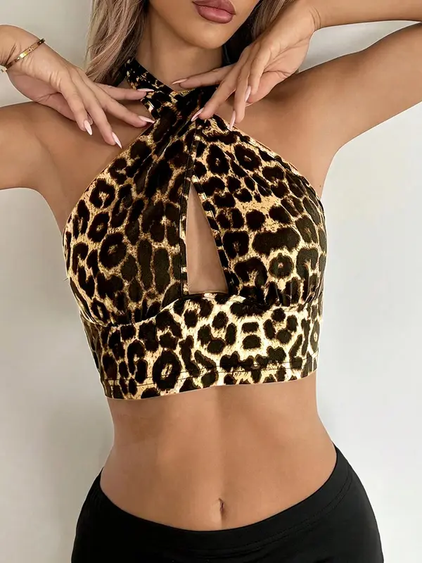 Women's Leopard Print Criss Cross Halter Neck Crop Top, Casual Sleeveless Top for Summer, Ladies Clothes for Daily Wear 2