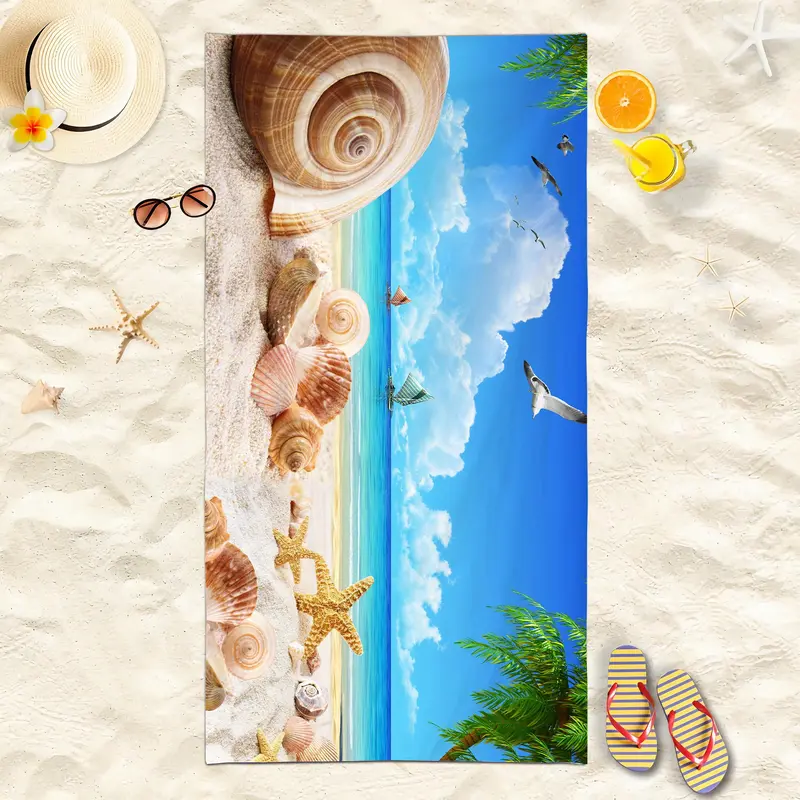 Starfish & Beach Pattern Beach Towel, 1 Count Quick Drying Beach Towel, Soft Absorbent Towel for Home Bathroom Beach Vacation 5