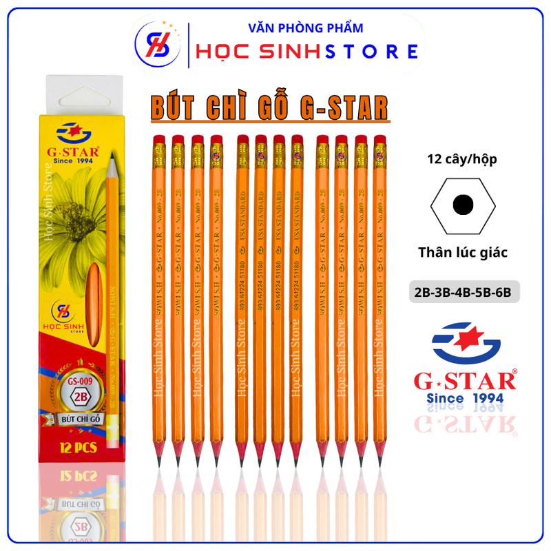 Hộp 12 Cây Bút Chì Gỗ Thân Vàng 009 Hiệu G-Star (2B-6B), Màu Chì Đậm, Vỏ Gỗ Chắc Chắn, Dễ Chuốt - Chuốt Không Gãy Vụn