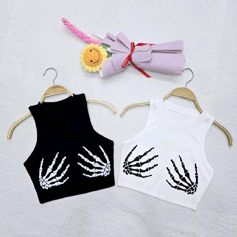 Áo thun ba lỗ ngược croptop dáng ôm in hai bàn tay dễ thương dành cho phái nữ Cổ tròn Ôm gọn Women Tre Nhung Jean Kem Sen