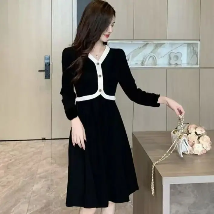 Váy Mới Cho Nữ, Dài Tay, Phong Cách Sang Trọng, Mỏng Vừa Vặn, Ngoại Cỡ, Dài Trung Bình Thiết Kế Hai Lớp Giả, Dopamine, Xu Hướng 2025