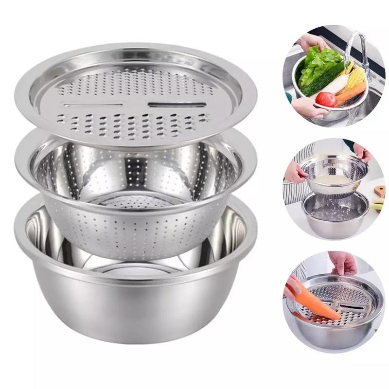 Bộ 3 Món Bào  Nạo Rau Củ Kiêm Rổ và Chậu Inox Cao cấp Đa Năng