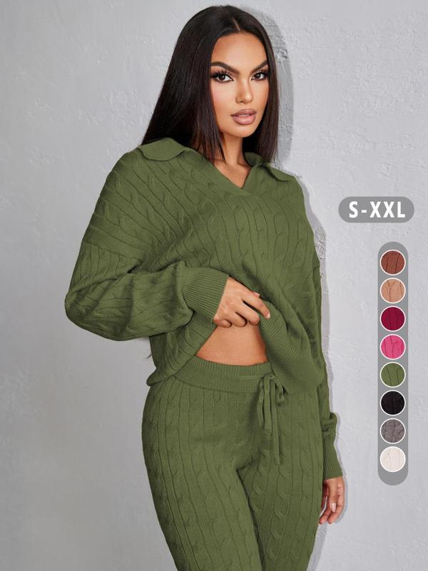 Two-piece Set Women's Solid Color Twisted Texture Drop Shoulder Sweater & Drawstring Waist Pants, Casual Fashion Cozy Knitwear Set for Daily Outdoor Wear, Outfits 2 Piece Set, Women Knitwear for Fall & Winter 5