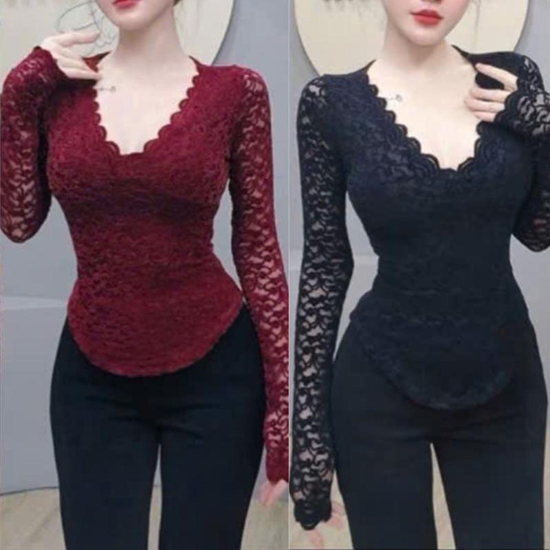 Áo Thun Nữ Bigsize Tay Dài Hottrend Áo Ren Lưới Cổ Tim ESHOP Áo Phong Nữ Cổ V Dài Tay Đẹp Dễ Thương Ôm Body Xinh MS273 Top Áo Women