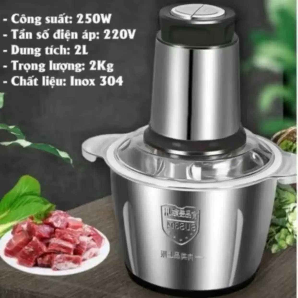 Máy xay thịt đa năng, Công suất 250W, Cối xay inox 304 4 lưỡi dao sắc bén