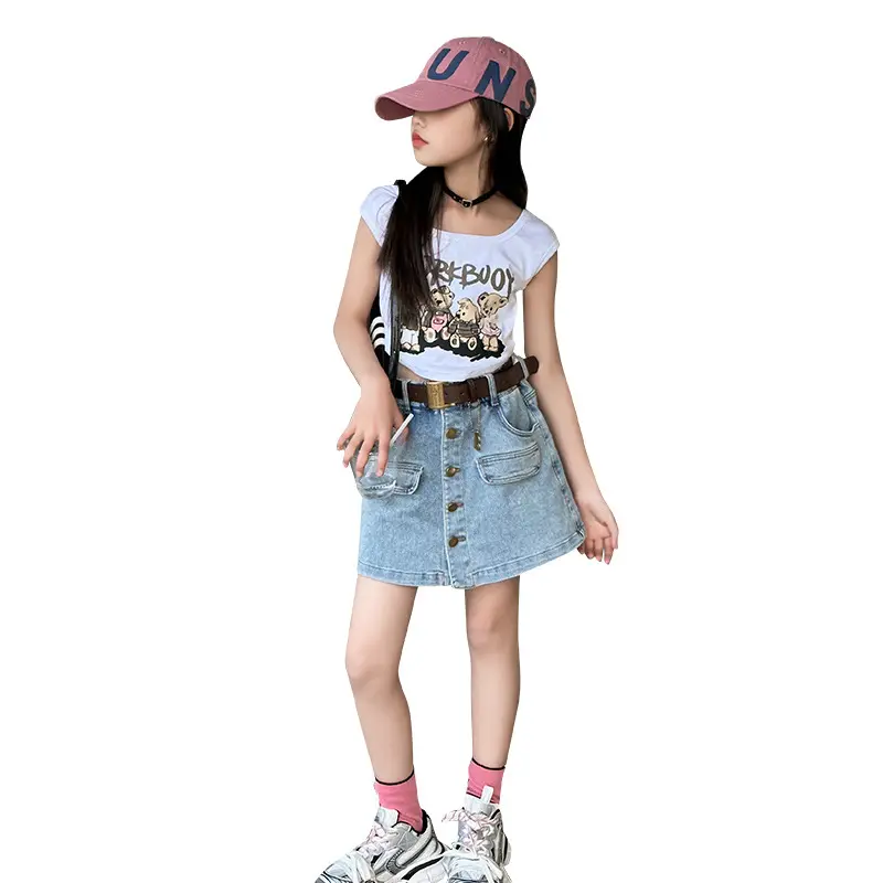 Bộ Quần Áo Trẻ Em, Áo Ngắn Tay, Váy Denim, Cho Bé Gái, Mùa Hè 2024 Mới, Phong Cách Người Nổi Tiếng Trên Internet, Váy Trẻ Em Lớn, Hai Mảnh, 0520 4