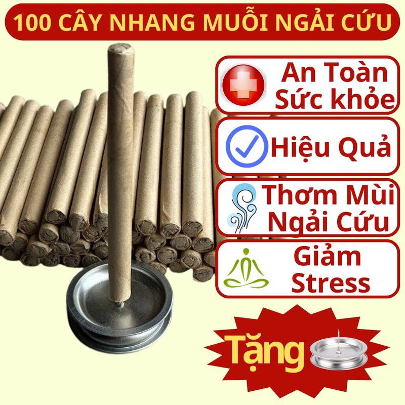 100 Điếu Nhang Ngải Cứu đuổi muỗi, an toàn chống muỗi cho bé, xông nhà khử khuẩn, khử trùng thơm phòng có kèm đế cắm
