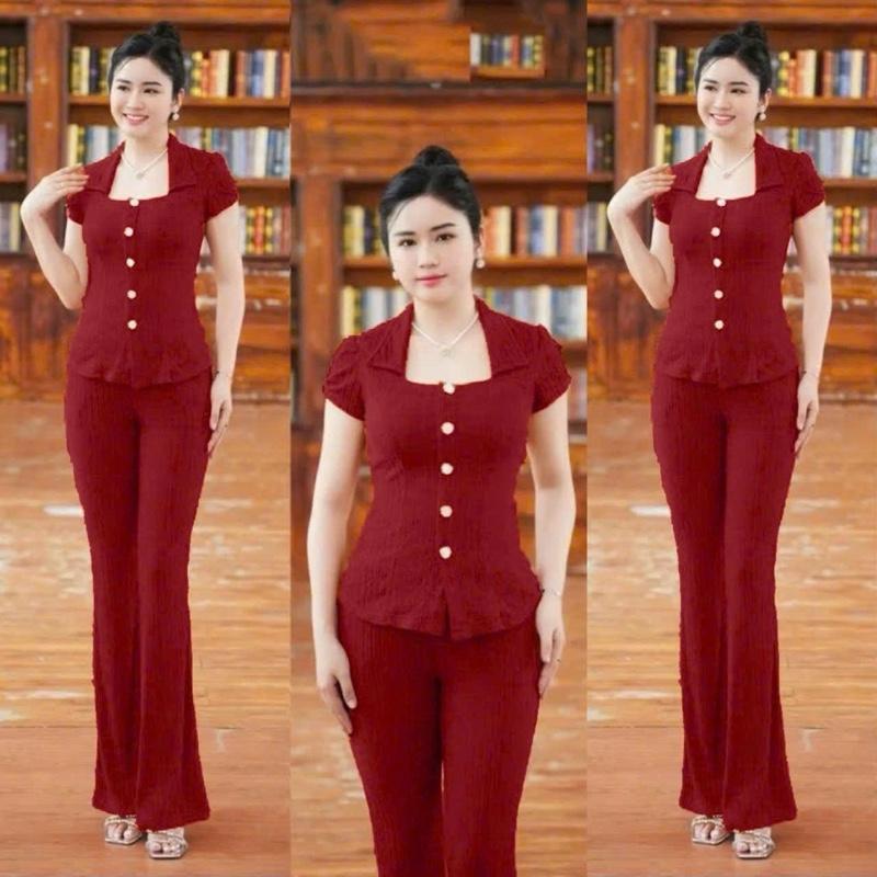 H26 Set Bộ xốp nhật quần dài ống Bass áo tay con đính nút bằng máy lên form sang trọng có đủ size 40-75ký Nữ