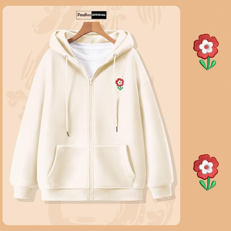Áo Hoodie Zip THÊU Áo Khoác Nam Nữ Unisex By PEABOO Mã HZ Hoa Đỏ Chất Nỉ Bông Form Rộng Mũ 2 Lớp