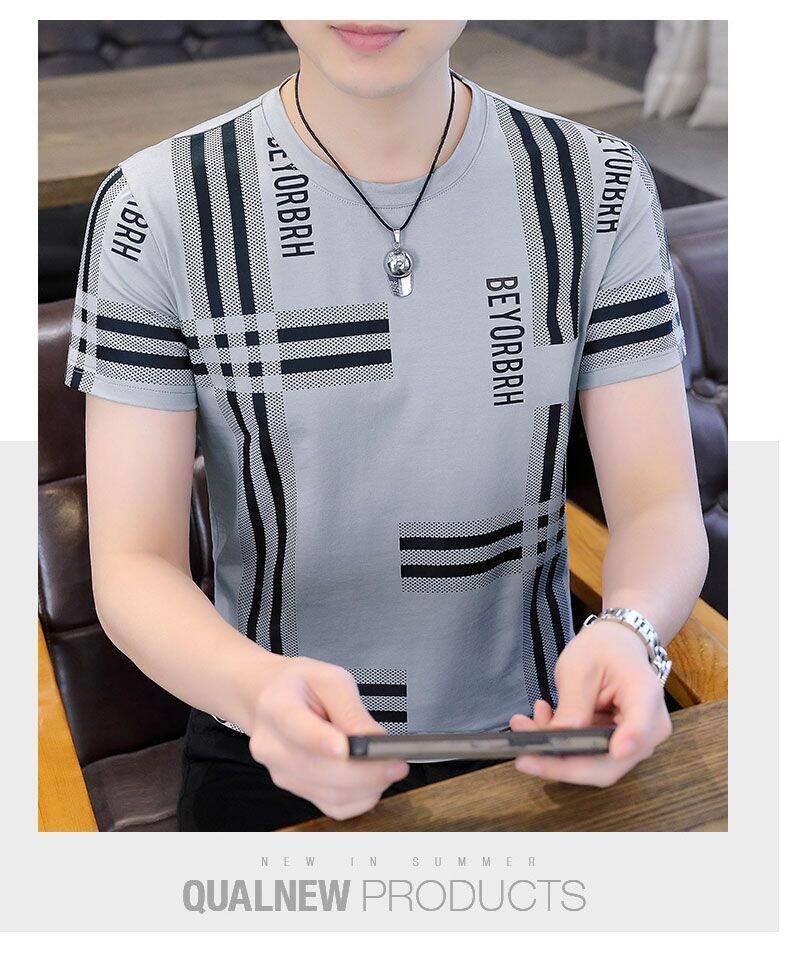 Product Introduction of High-End Ice Silk Short Sleeve T-Shirt Men's Slim Fit round Neck Youthful Summer Casual Shirt Thin Fabric Collision Color 17