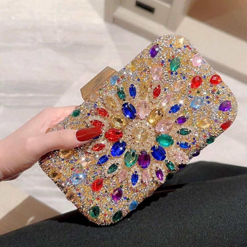 Túi Xách Nữ Đeo Chéo Clutch Cầm Tay Cốp Đi Tiệc Kim Tuyến Đính Đá Ngũ Sắc Màu Vàng Kèm Dây Xích Size 20 HÀNG CHUẨN QC Woman Bag Lady Nhung Kem Đồng tú i tuixach trung kết