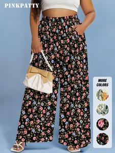 Women's Floral Print Pocket Elastic Waist Wide Leg Pants, Boho Fashion Trousers for Beach Vacation Holiday, Ladies Bottoms for All Seasons